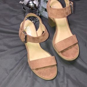 Beige Suede open toe ankle clasp heels